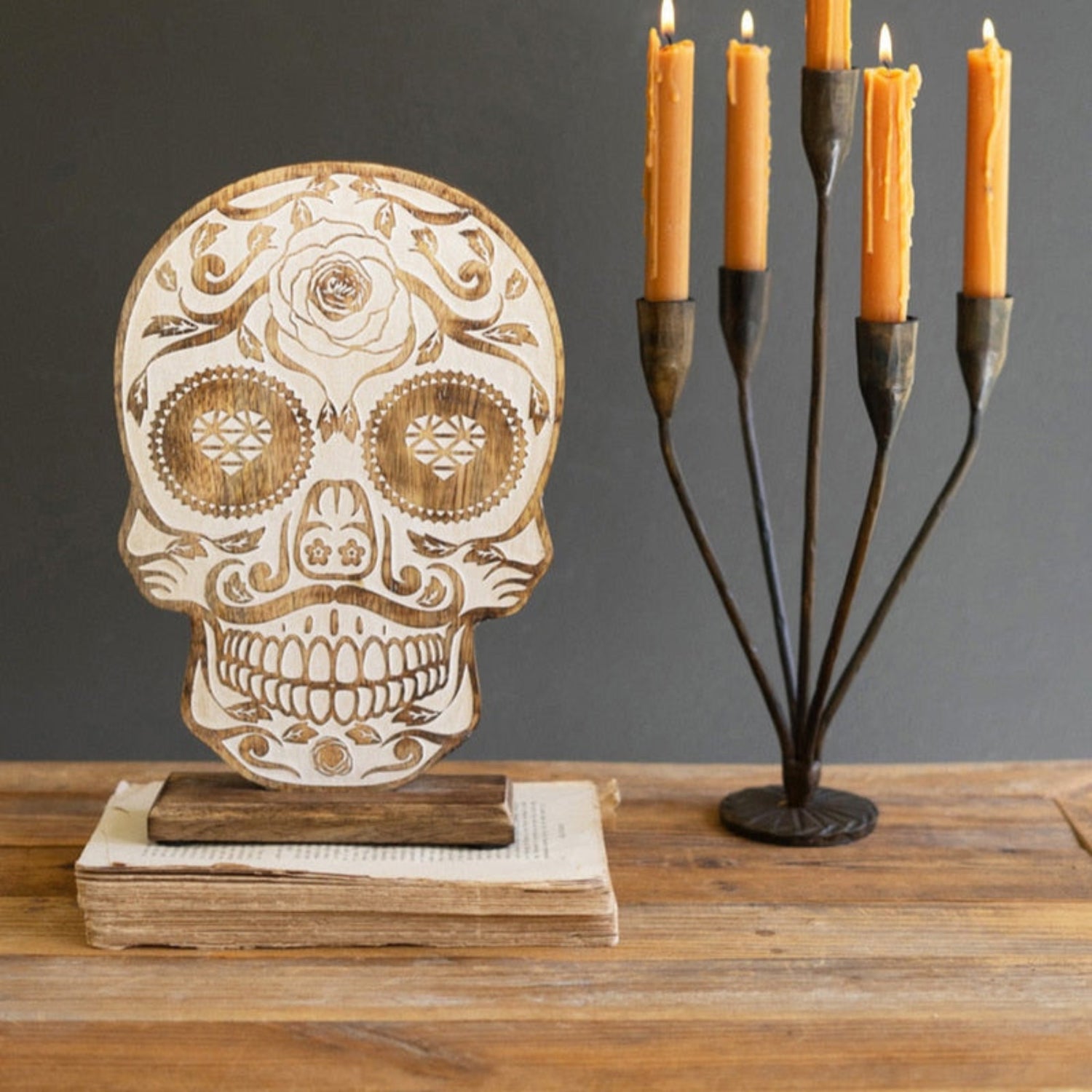 Kalalou 12" Carved Wooden Halloween Día de los Muertos Tabletop Skull