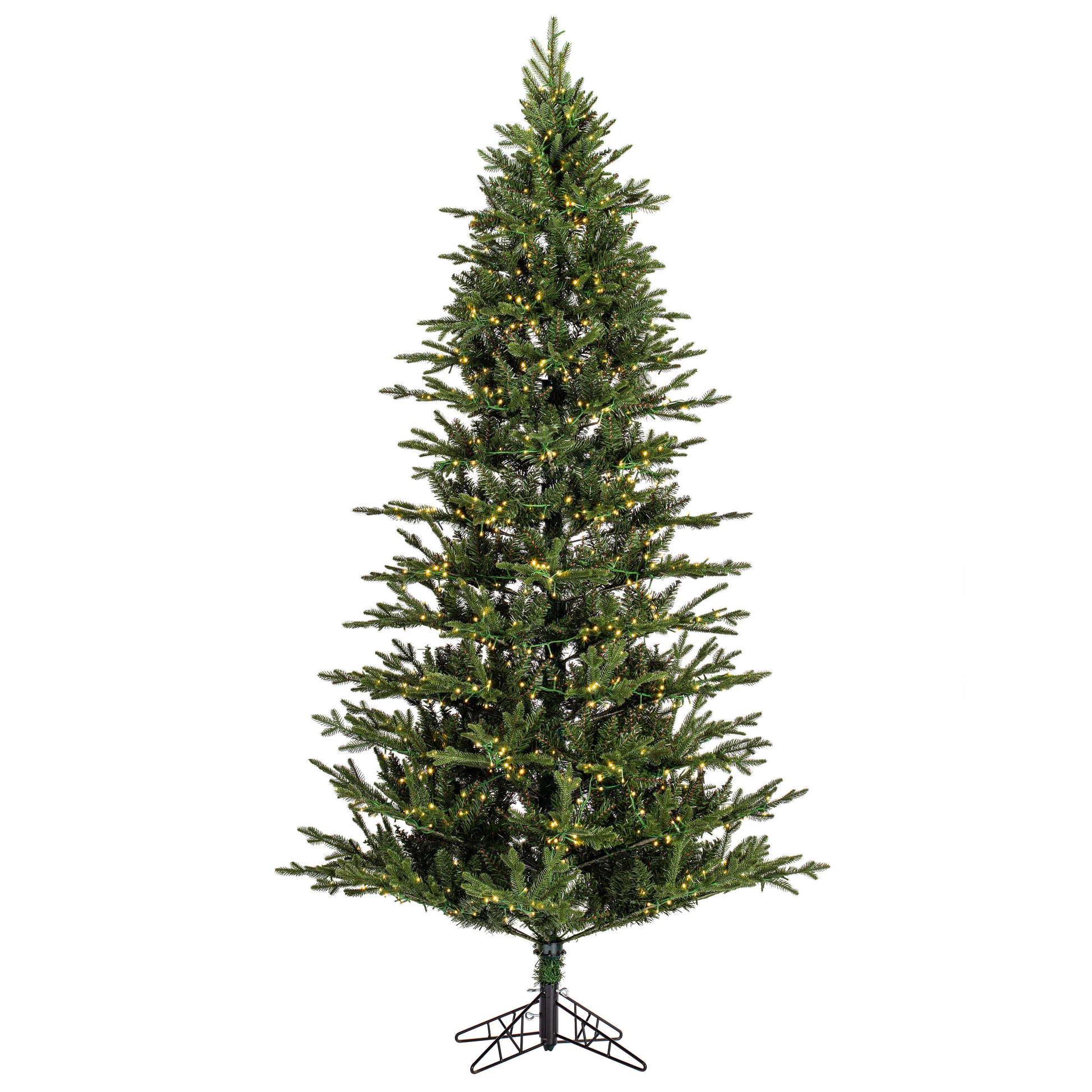 Pre-lit artificial Christmas tree with lights on a white background