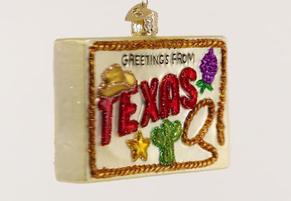 Old World Christmas Greetings from Texas Postcard Glass Collectible Christmas Ornament
