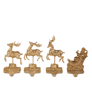 RAZ Imports 10.5" Santa and Reindeer Gold Resin Iron Christmas Stocking Holders - Set of 4